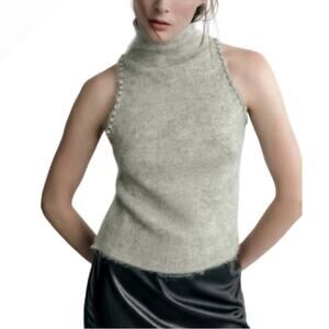 Zara Gray Rhinestone Trim High Neck Sweater Top